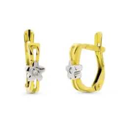 Pendientes oro bicolor 18k mujer flor centro lisa combinada diamante