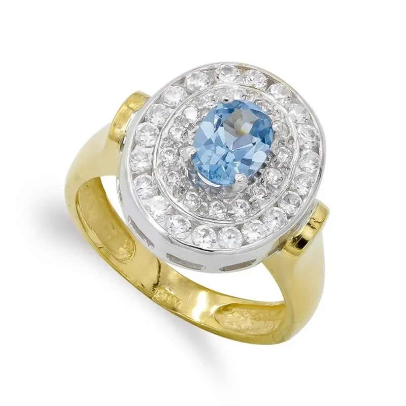 Sortija oro bicolor 18k mujer cabeza ovalada piedra aguamarina centro