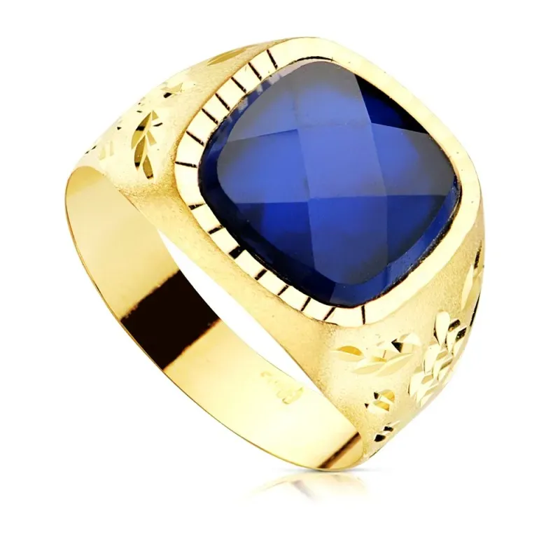 Sello oro 18k hombre hueco piedra zafiro centro spinell