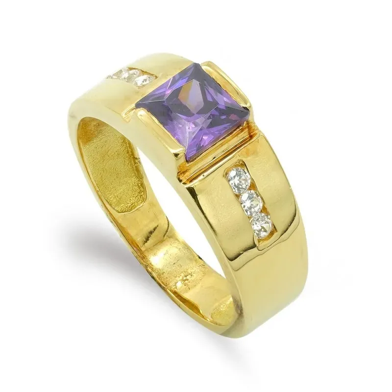 Sortija oro 18k mujer lisa piedra color centro circonitas laterales