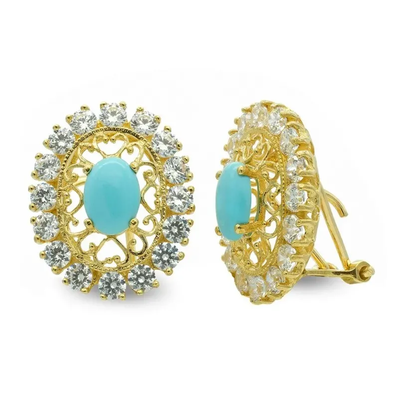 Pendientes oro 18k mujer ovalados turquesa centro combinados circonit