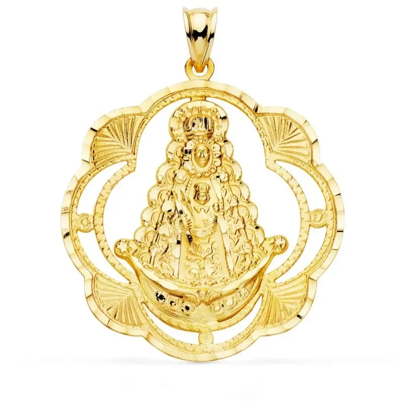Virgen del Rocío colgante oro 18k unisex 38 mm. forma pandereta calad