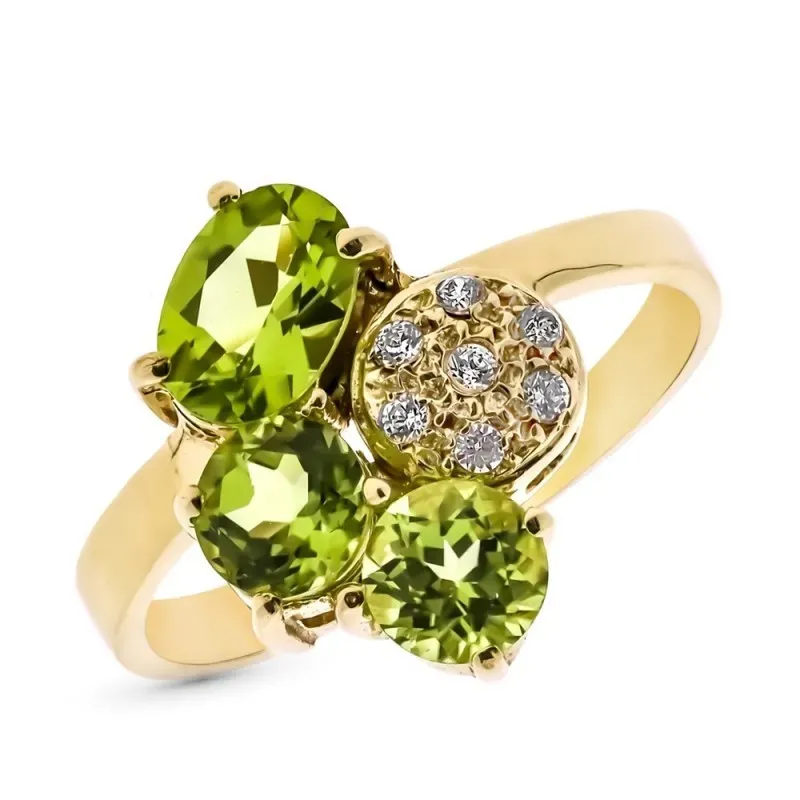 Sortija oro 18k mujer tres piedras olivina natural 1.97ct. combinada