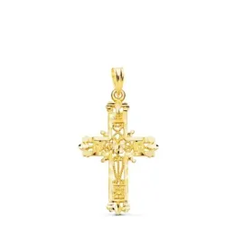 Cruz colgante oro 18k unisex 29 mm. calada filigrana bordes tallados