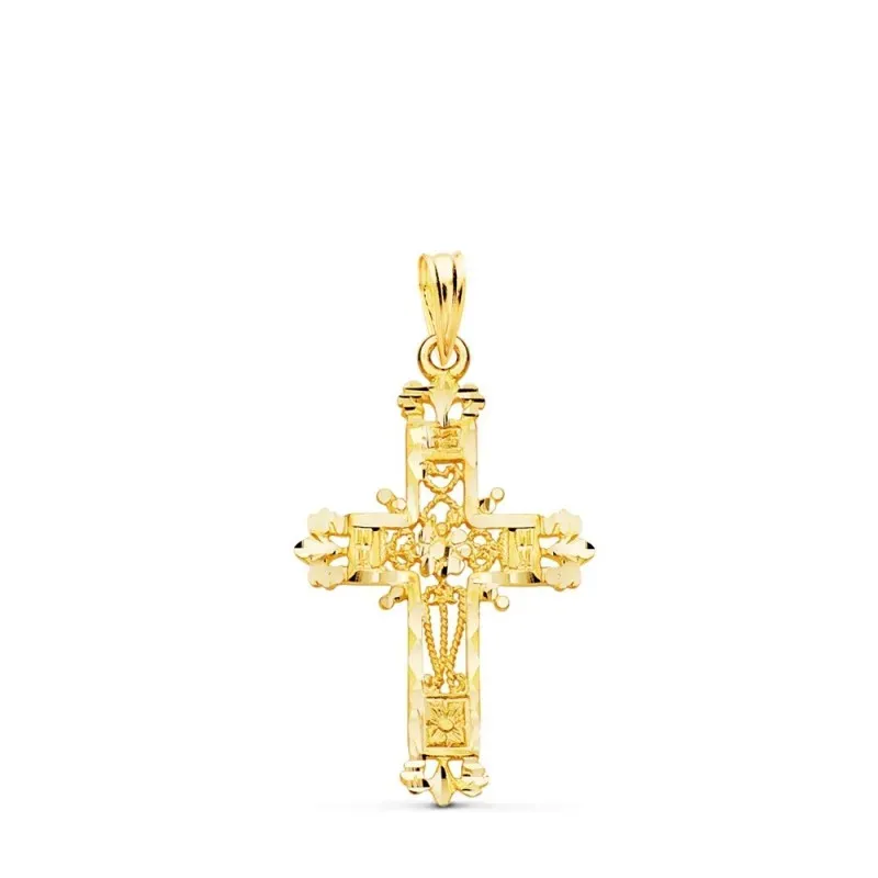 Cruz colgante oro 18k unisex 29 mm. calada filigrana bordes tallados