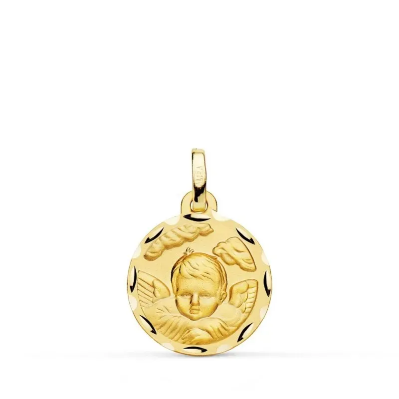 Ángel Niño nube medalla oro 18k 16 mm. bisel tallado