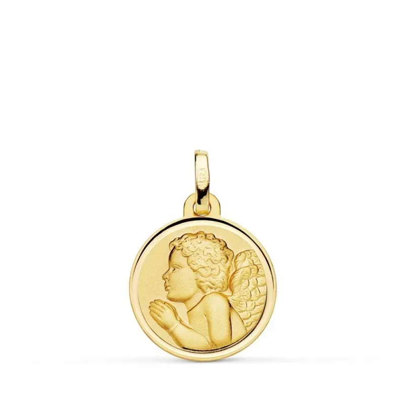 Ángel Niño Piadoso rezando medalla oro 18k 16 mm. bisel liso