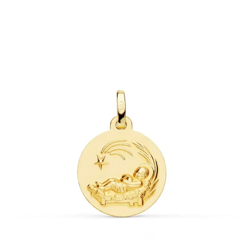 Medalla oro 18k Niño del Pesebre 16 mm. centro combinado lisa