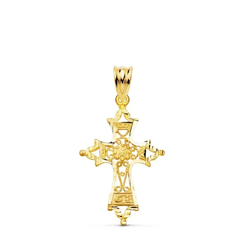 Cruz colgante oro 18k mujer 30 mm. filigrana bordes tallados