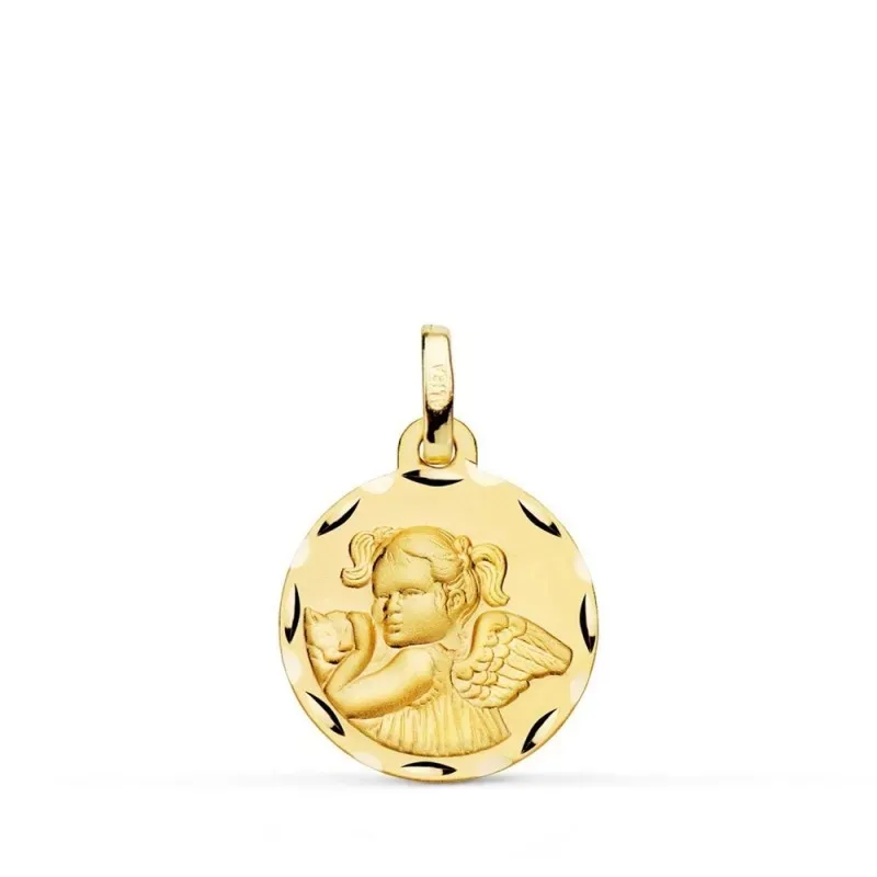 Ángel Niña Revoltosa medalla oro 18k 16 mm. tallada bordes