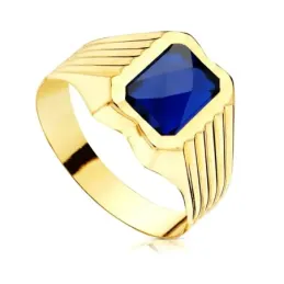 Sello oro 9k niño piedra zafiro 8 mm. centro detalles líneas laterale