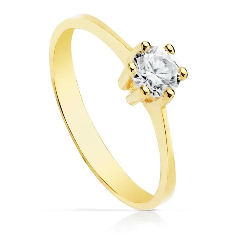 Solitario oro 9k mujer circonita 5 mm. centro combinada lisa
