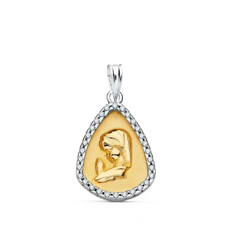 Virgen Niña medalla oro bicolor 9k niña 21 mm. circonitas borde