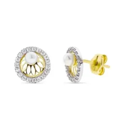 Pendientes oro bicolor 9k mujer 8 mm. perla centro combinada circonit