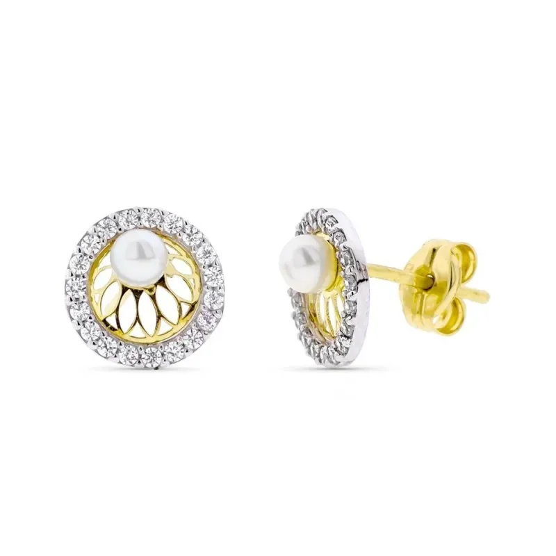 Pendientes oro bicolor 9k mujer 8 mm. perla centro combinada circonit
