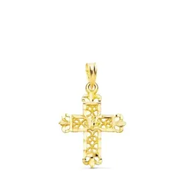 Cruz colgante oro 18k unisex 22 mm. filigrana calada bordes tallados