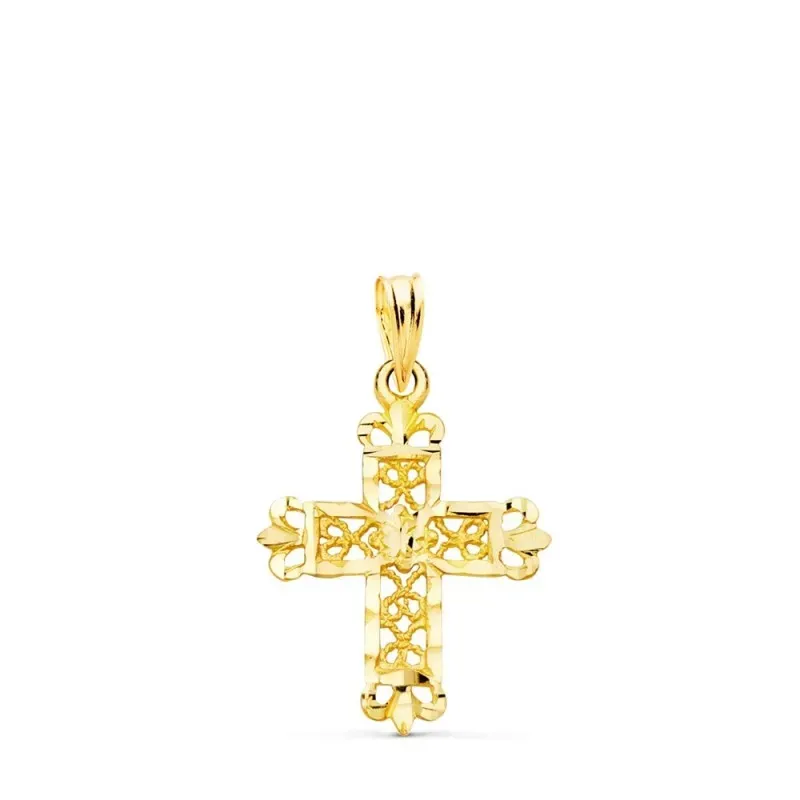 Cruz colgante oro 18k unisex 22 mm. filigrana calada bordes tallados