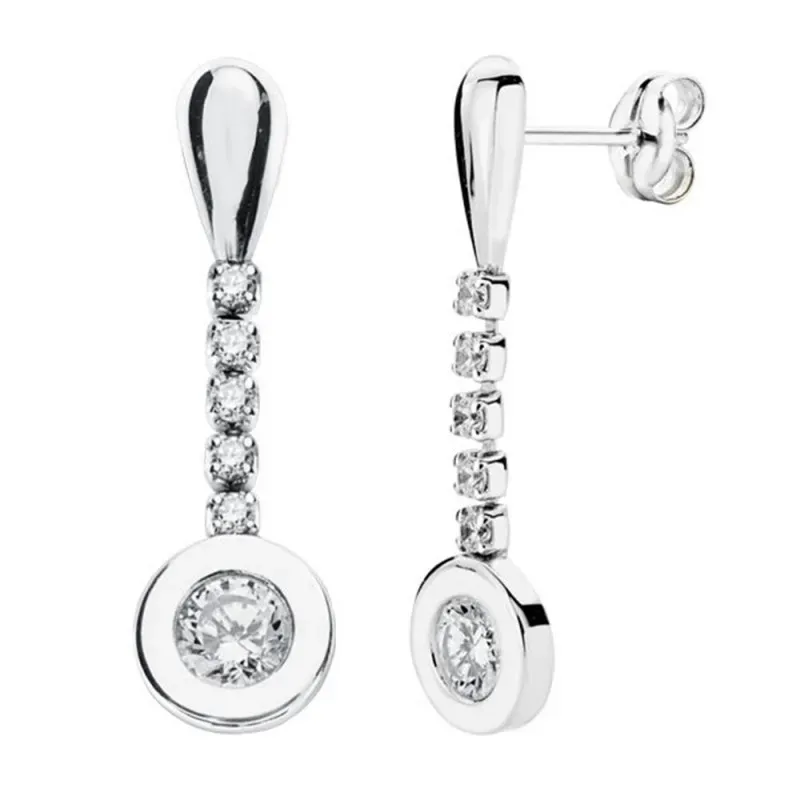 Pendientes oro blanco 9k mujer largos 25 mm. circonitas presión