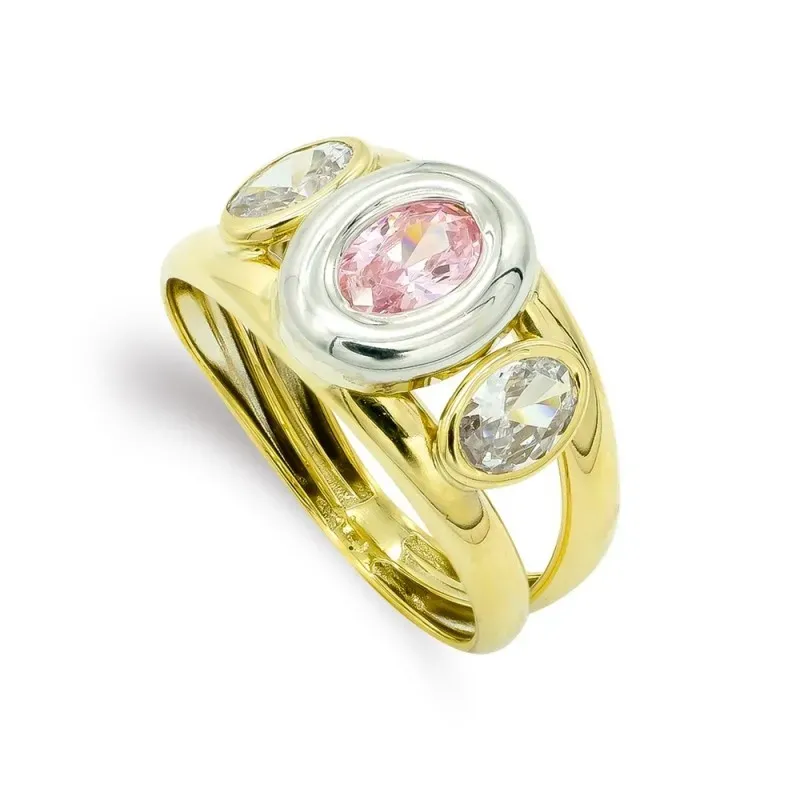 Sortija oro bicolor 9k mujer piedra color rosa centro circonitas dos