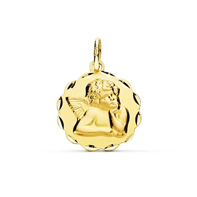 Ángel Burlón medalla oro 18k arcos tallados 14 mm. bordes