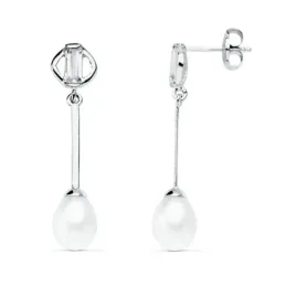 Pendientes oro blanco 9k mujer largos perla presión