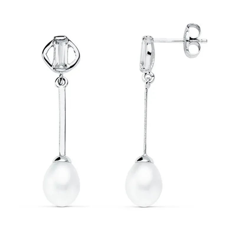 Pendientes oro blanco 9k mujer largos perla presión