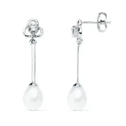 Pendientes oro blanco 9k mujer largos perla combinada circonita super