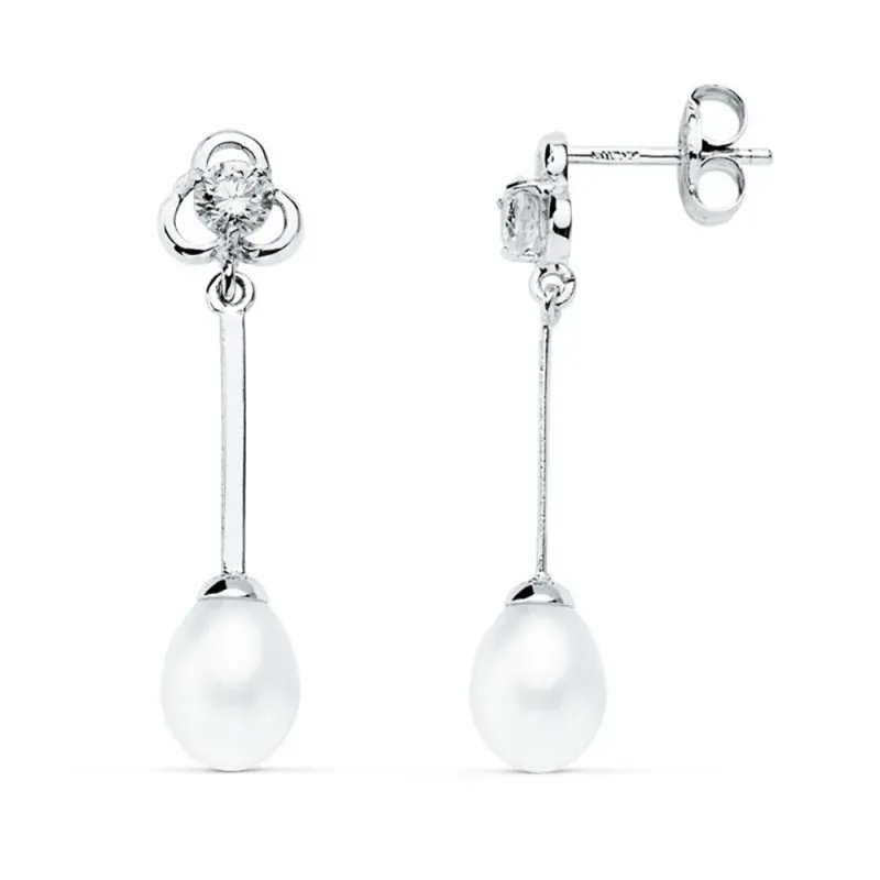 Pendientes oro blanco 9k mujer largos perla combinada circonita super