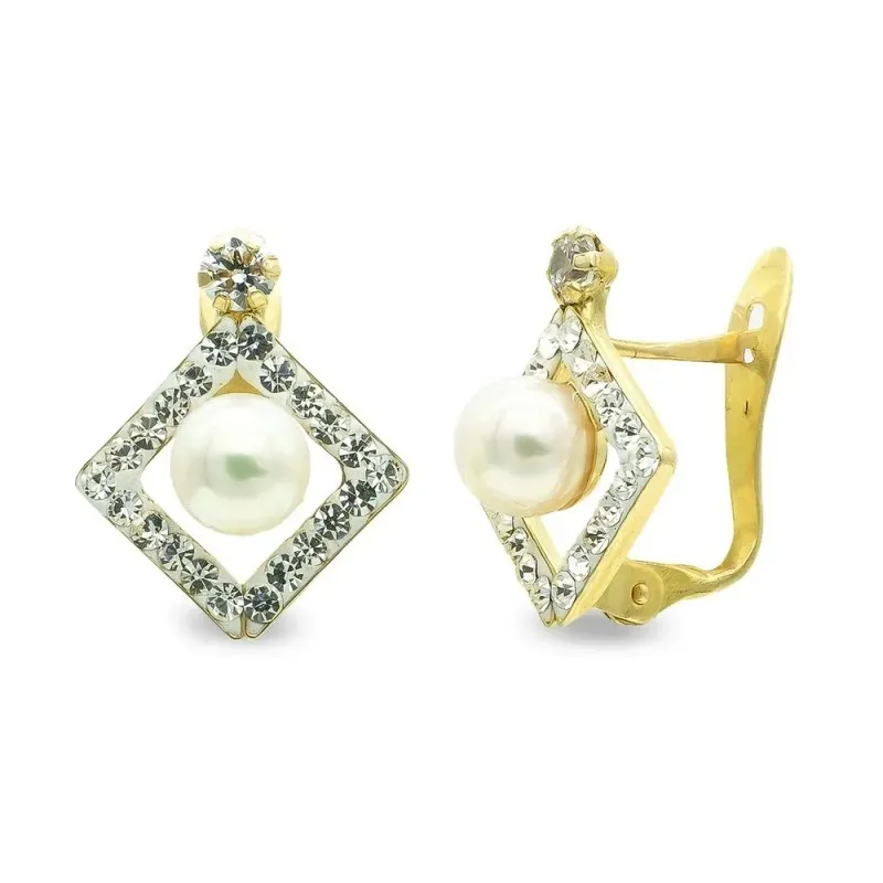 Pendientes oro 9k mujer perla centro 4 mm. rombo calado circonitas
