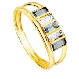 Sortija oro bicolor 9k mujer circonitas color azul baguette centro co