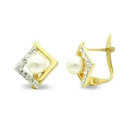 Pendientes oro 9k mujer 11 mm. perla centro rombo combinado liso circ