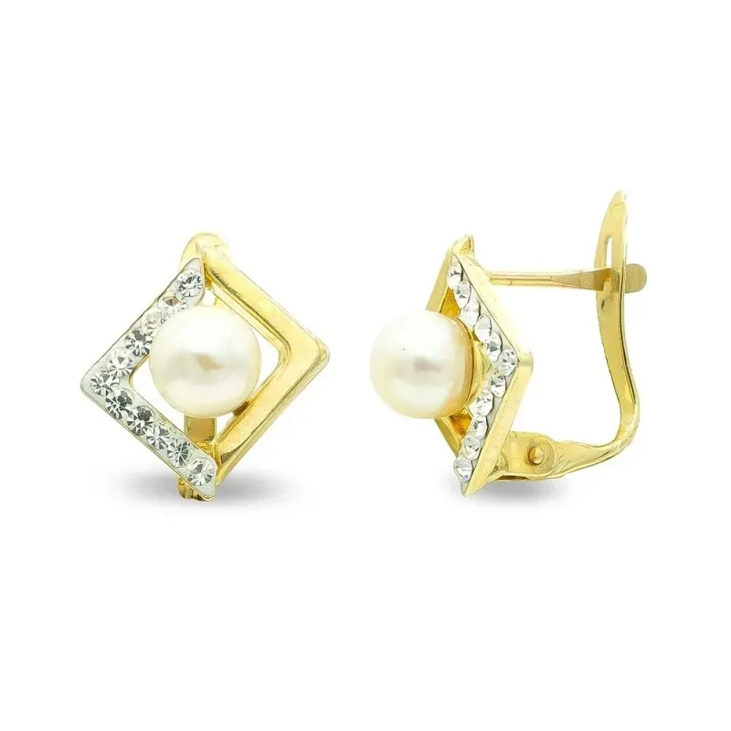 Pendientes oro 9k mujer 11 mm. perla centro rombo combinado liso circ