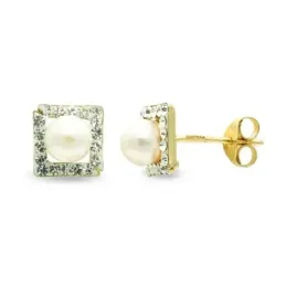 Pendientes oro 9k mujer perla centro 4 mm. cuadrado circonitas presió