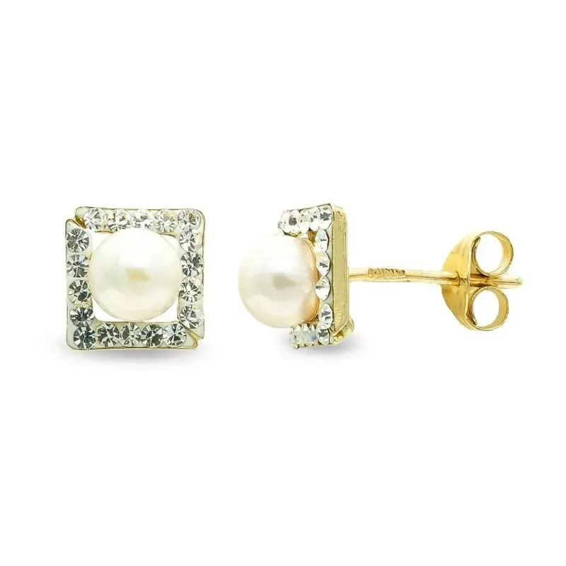 Pendientes oro 9k mujer perla centro 4 mm. cuadrado circonitas presió