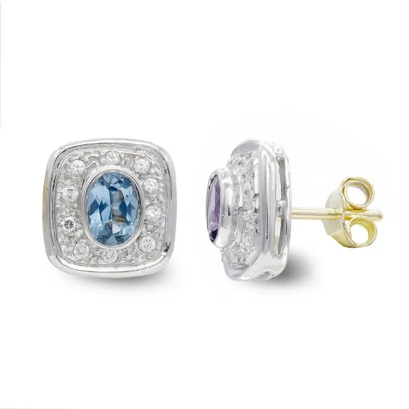 Pendientes oro bicolor 18k mujer piedra aguamarina centro combinada c
