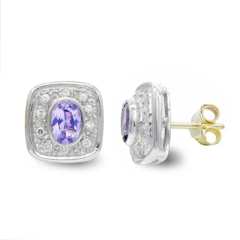 Pendientes oro bicolor 18k mujer piedra amatista centro bordes circon