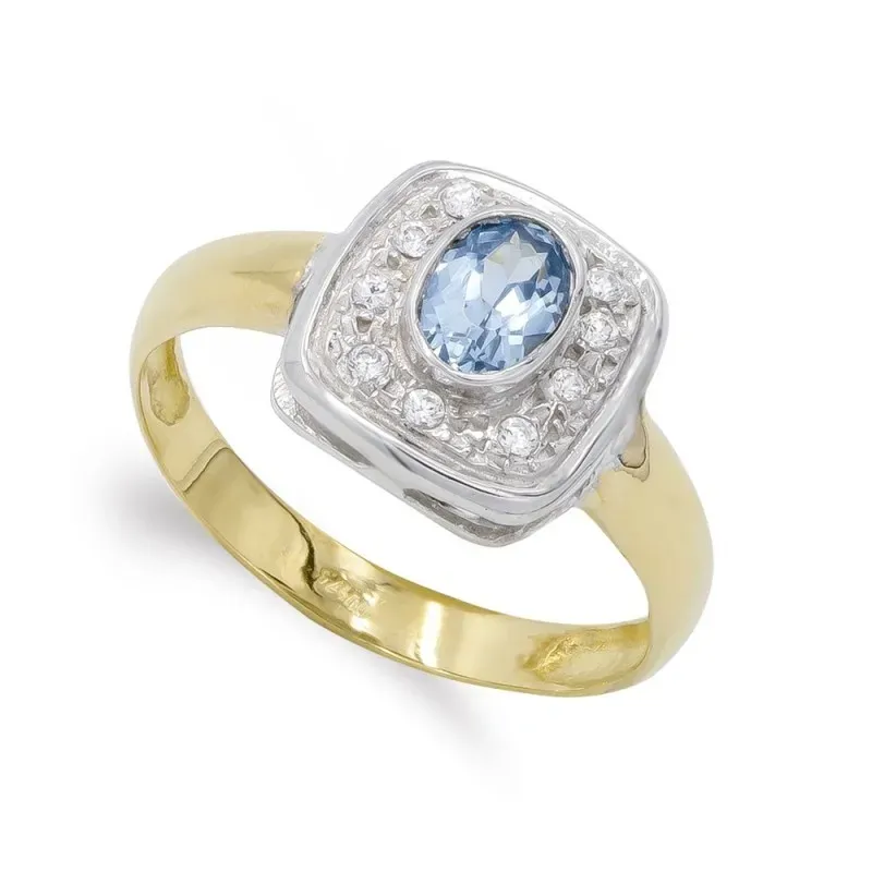 Sortija oro bicolor 18k mujer piedra aguamarina centro combinada circ