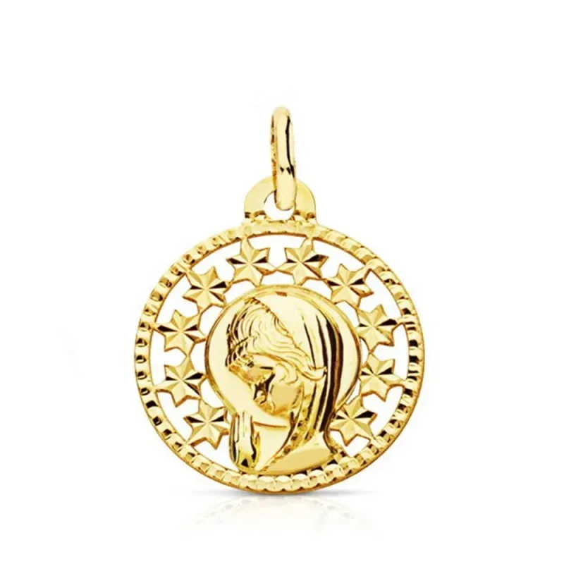 Virgen Niña medalla oro 9k redonda 16 mm. calada detalles bisel