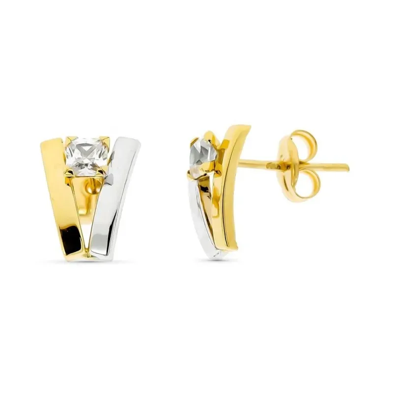 Pendientes oro bicolor 9k mujer bandas verticales lisas circonita cen