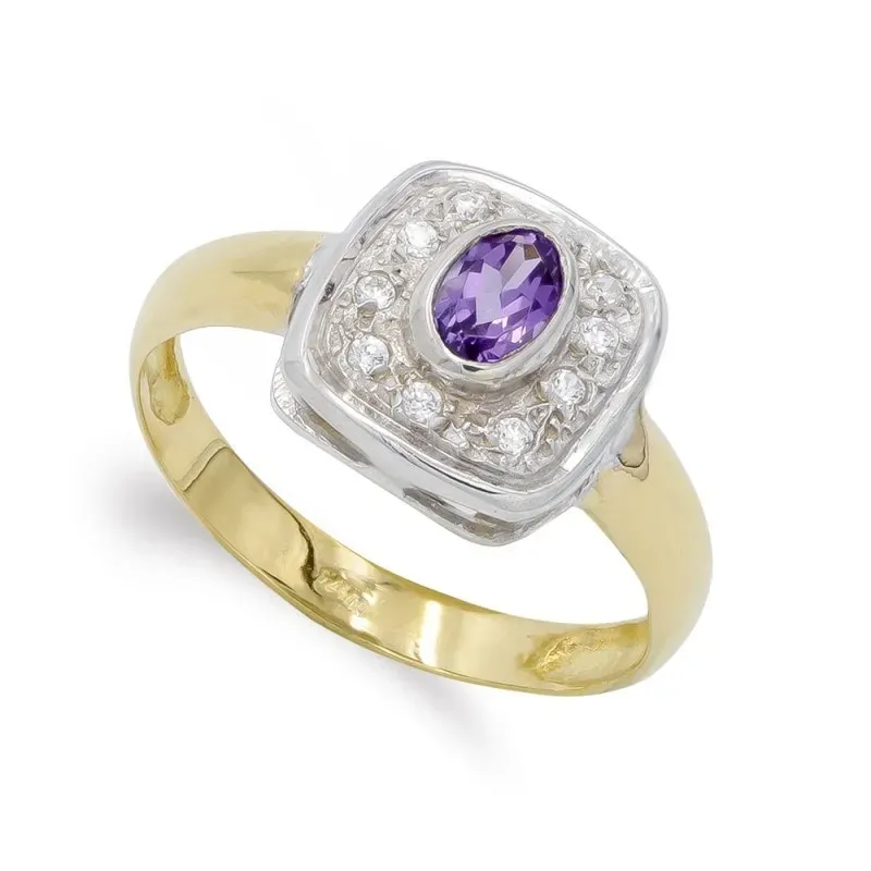 Sortija oro bicolor 18k mujer piedra amatista centro circonitas borde