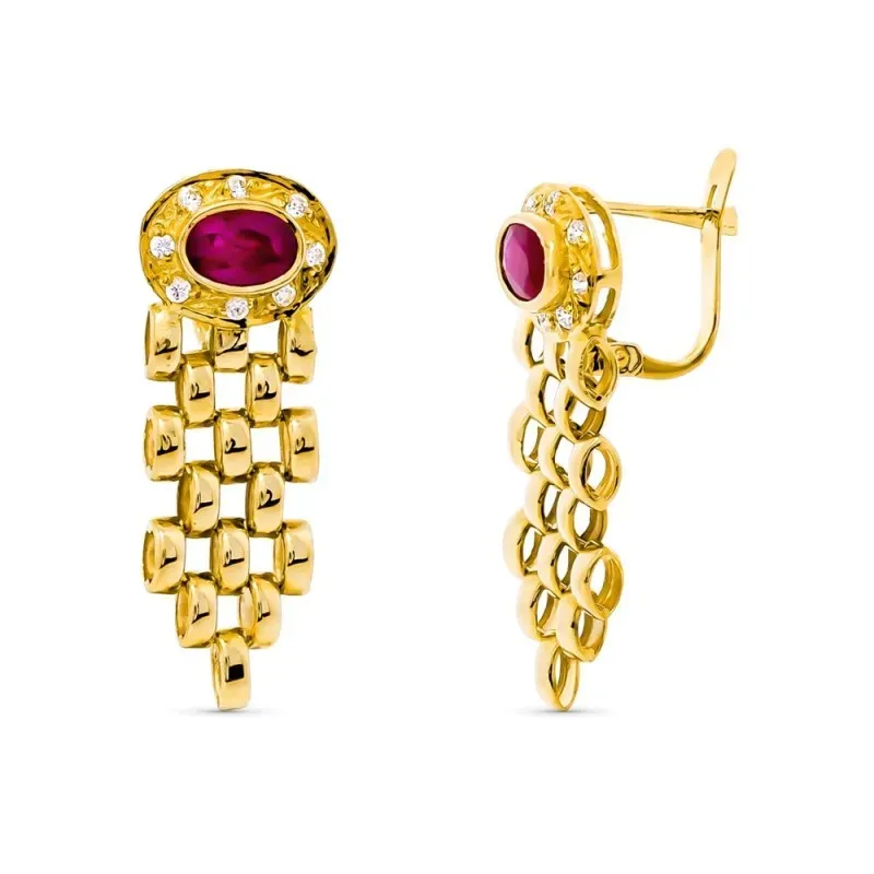 Pendientes oro 18k mujer largos panter combinados rubí centro 6 mm. c