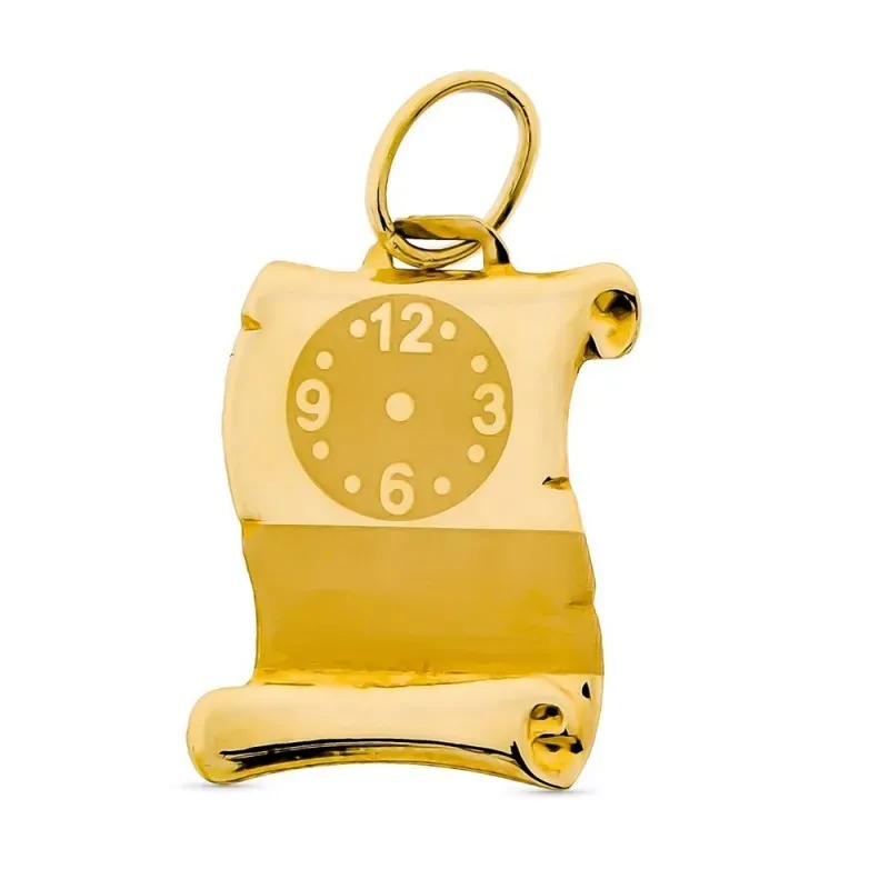 Colgante oro 9k unisex 15 mm. pergamino reloj centro mate brillo