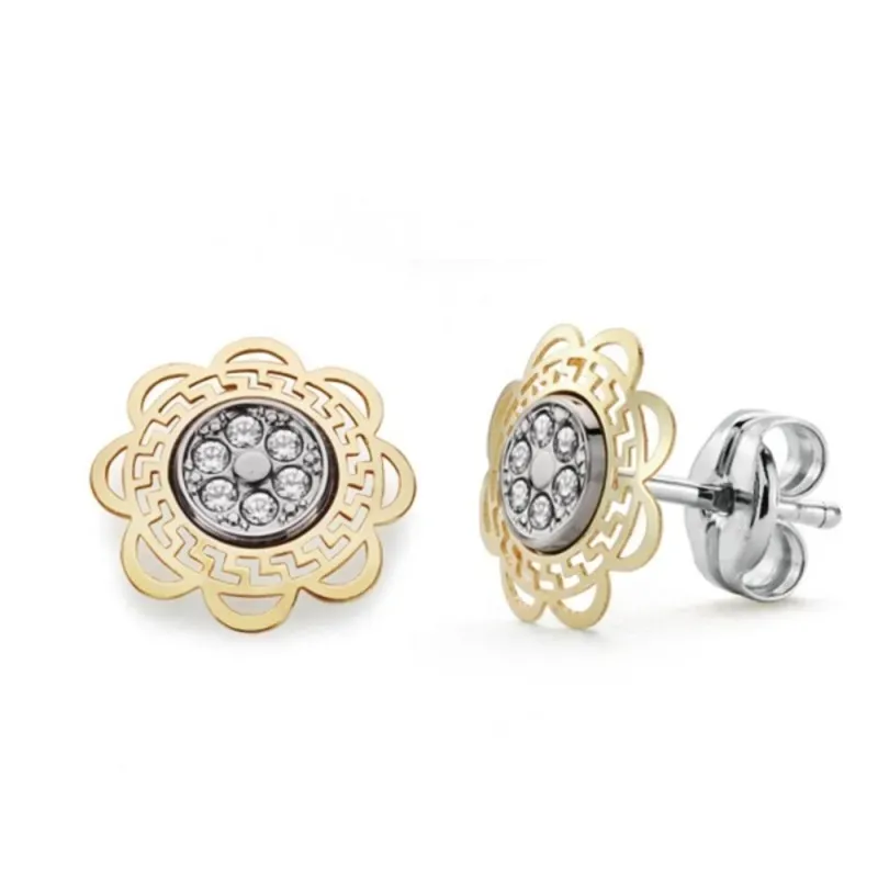 Pendientes oro bicolor 9k mujer 9 mm. circonitas flor calada detalle