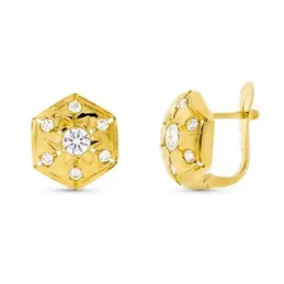 Pendientes oro 18k mujer seis lados lisos combinados circonitas