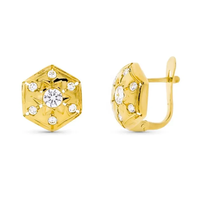 Pendientes oro 18k mujer seis lados lisos combinados circonitas