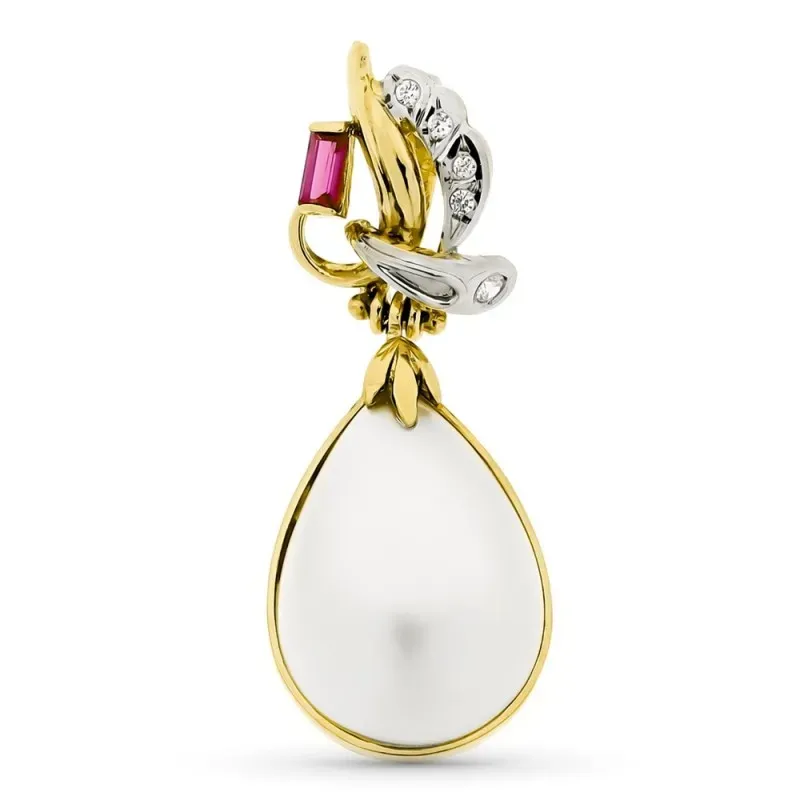 Colgante oro bicolor 18k mujer 36 mm. perla japonesa combinada circon