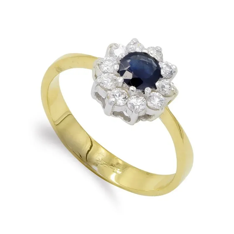 Sortija oro bicolor 18k mujer forma flor circonitas zafiro centro 5 m