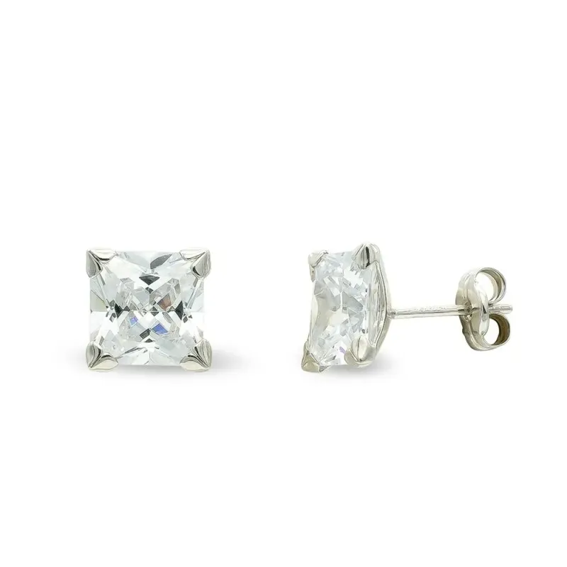 Pendientes oro blanco 18k mujer circonita cuadrada garras presión
