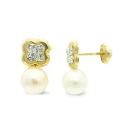 Pendientes oro 9k niña 13 mm. perla combinada forma flor circonitas t