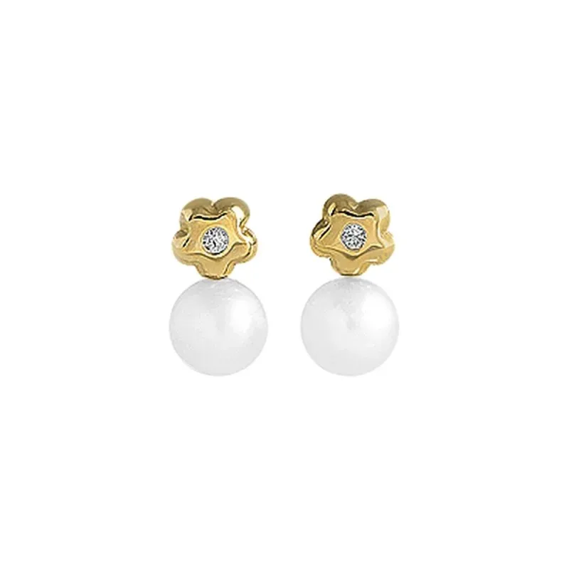 Pendientes oro 18k mujer 9 mm. perlas cultivadas 5 mm. diamantes 0.02